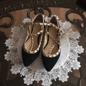 Sexy Black flats with cream and gold studs.